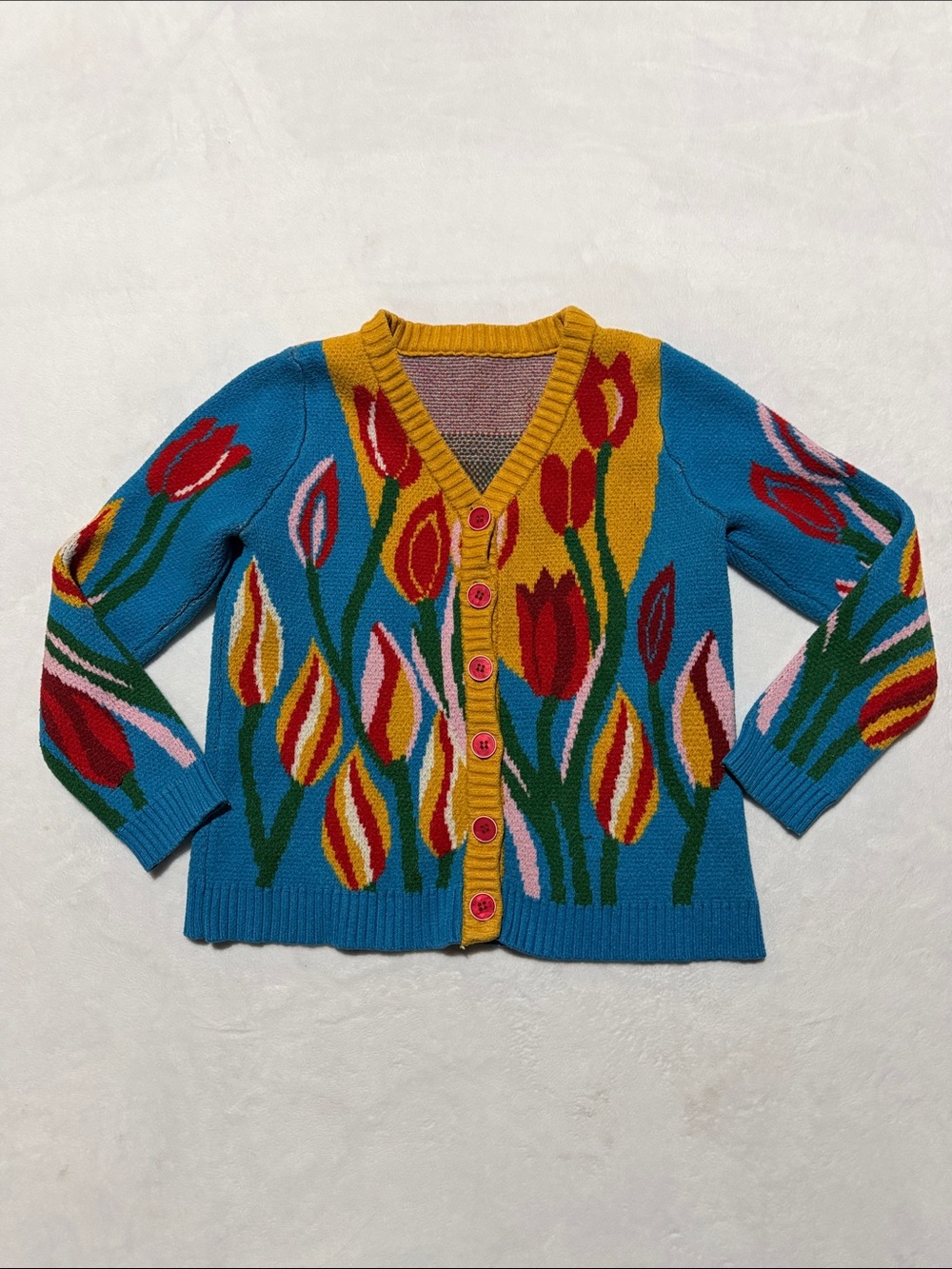Berni Bright Blue Floral Tulip Cardigan Sweater - Blue/Yellow cottagecore